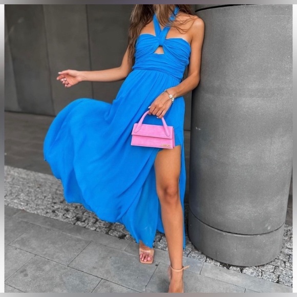 Zara | Halterneck Maxi Dress Side Slits Size Large - Picture 1 of 6